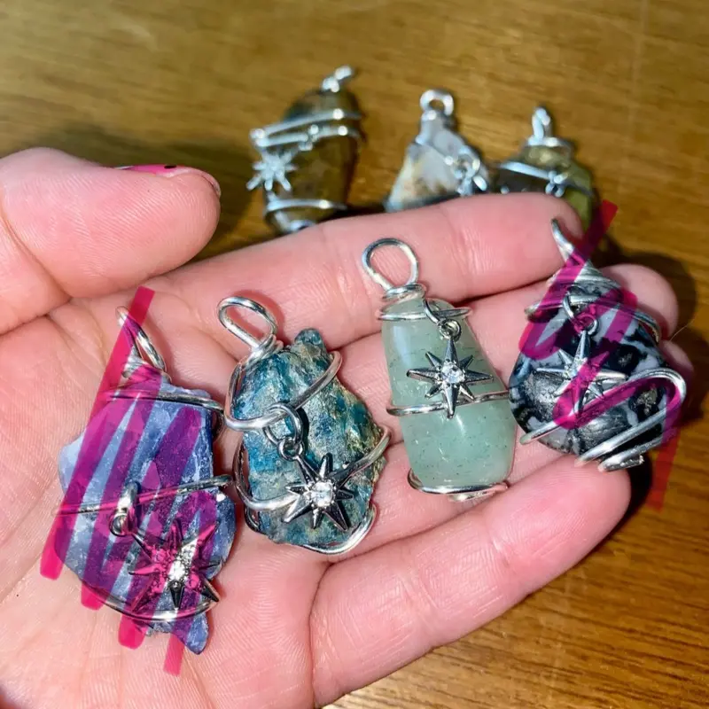 Celestial Wire Wrapped Necklace Collection Apatite Green Aventurine Bronzite Crazy Lace Agate Jewelry