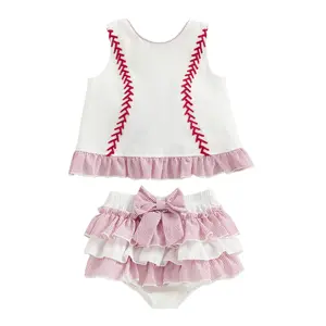 [Lullaby] Baby Girls Baseball Clothing Set Fashionable Cute Ruffle Embroidery Tank Tops with Shorts 2Pcs Outfit
