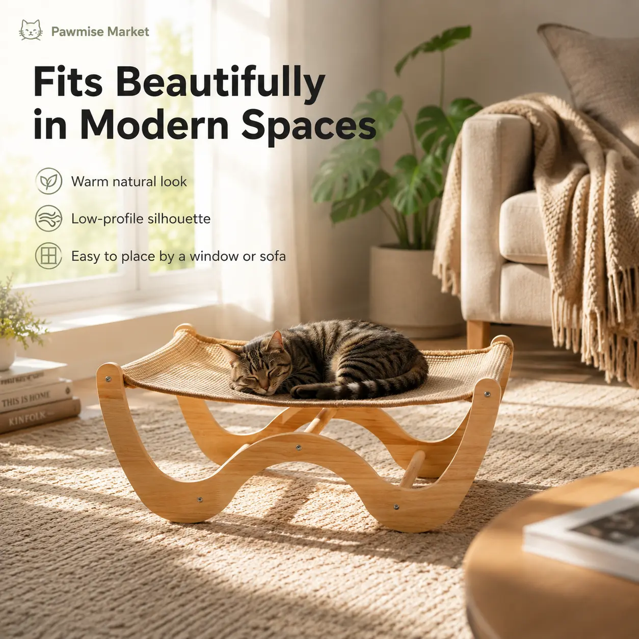 Solid Natural Wood Elevated Cat Bed Sofa - Screw-Free Stable Design, No-Tool Easy Quick Setup, Cooling Rest Ventilation Woven Mat for Cats
