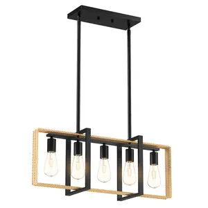 Kitchen Island Light Fixture Over Table, Farmhouse Chandeliers for Dining Room, 5-Light Adjustable Dining Room Light Fixtures, Rattan+Metal Pendant Light for Kitchen Island