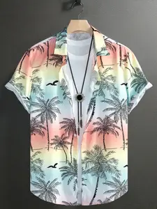 1 Men's Short Sleeve Shirt, Color Gradient Design with Tropical Palm Tree Print, Breathable Top for Beach Vacations and Summer Parties