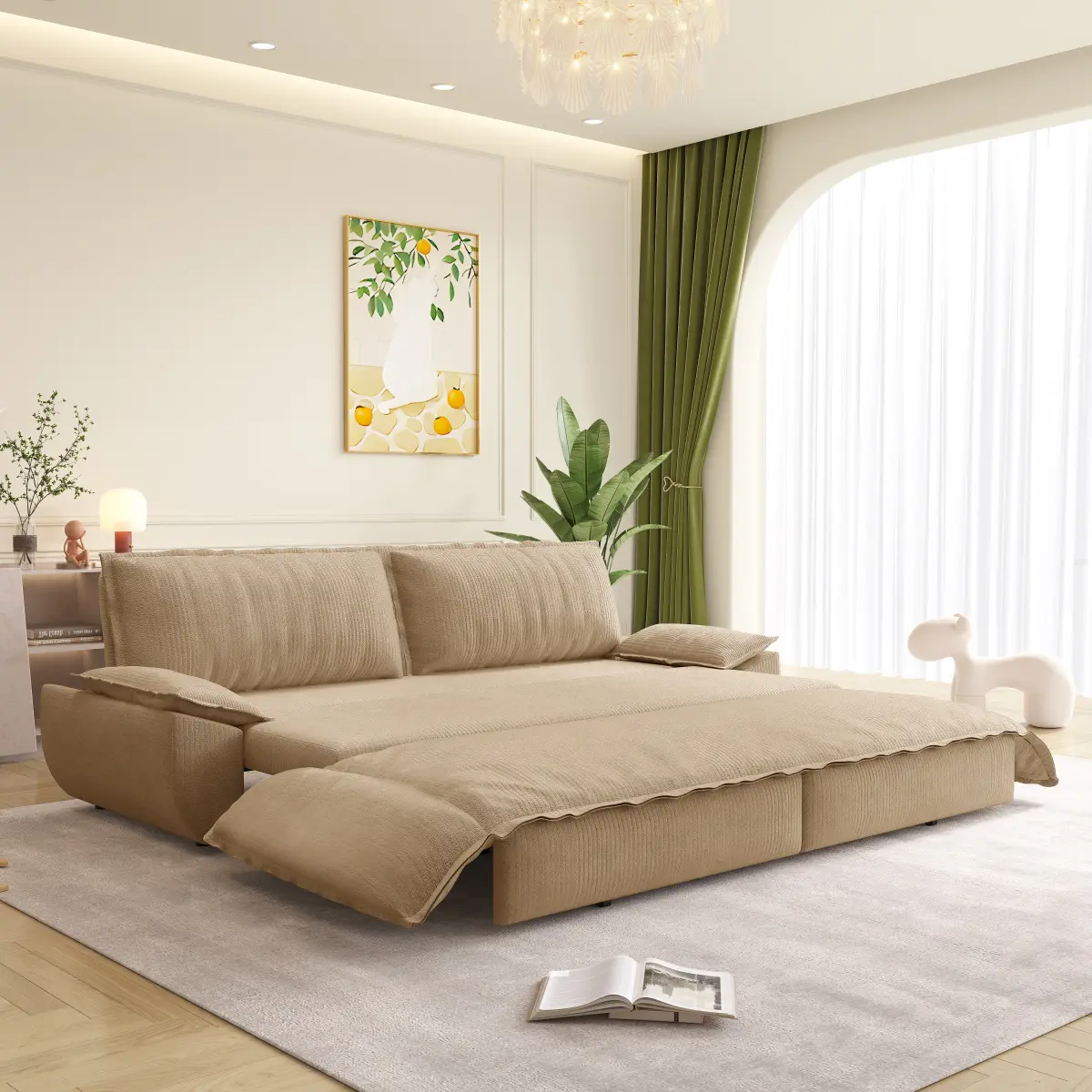 Aobtkel 73.2" Queen 2-Seater 3-in-1 Convertible Corduroy Sleeper Sofa Bed - Multi-Functional Comfy Loveseat Bed with Iron, Cotton, Metal, Plastic Components, Camel, for Children, Any Scene, Requires Assembly