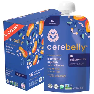 Cerebelly Organic Puree Pouches, Fruit and Veggie Squeeze Pouch Purees, Butternut Squash White Bean, 6+ Months (4 oz, Pack of 6)