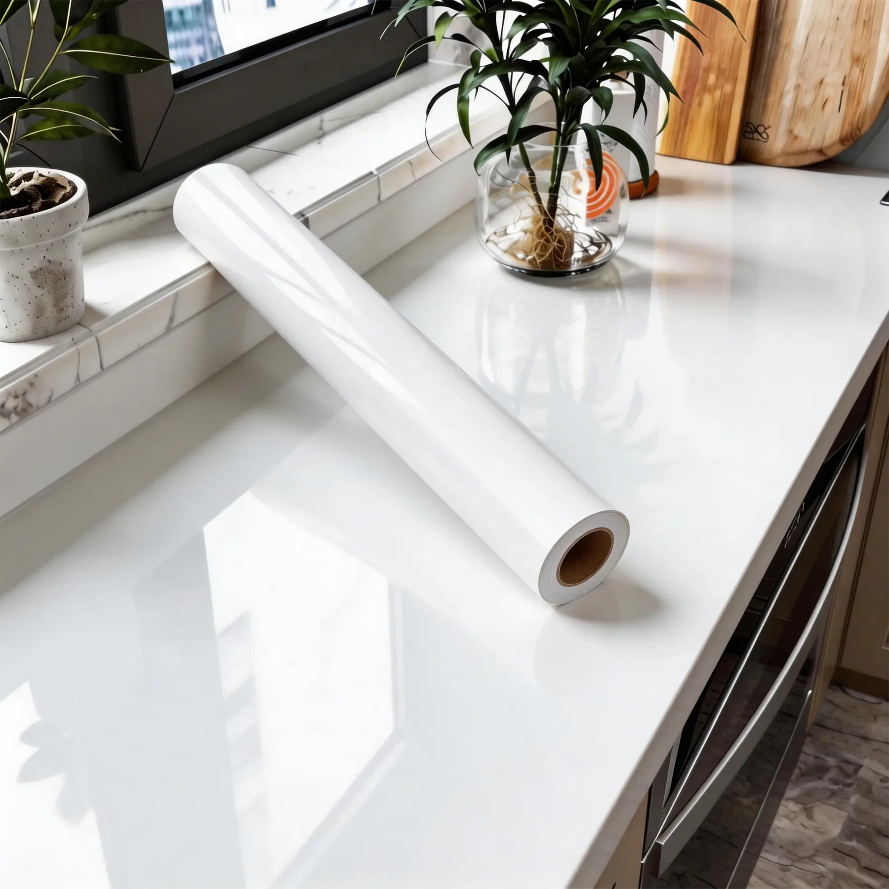 1PC Marble wall Paper （15.75"x78.7"inch）, Self-Adhesive Countertop Peel and Stick Wallpaper, Waterproof Removable Vinyl Film for Kitchen Countertops Cabinets Backsplash (Elegant White/Grey/Glossy White, Multiple Styles)