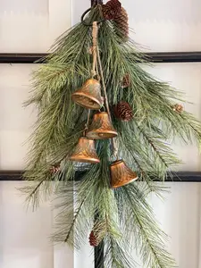 Christmas hanging bell decoration, mantle winter decor, hanging door Christmas bells on a rope, copper patina finish holiday bell decoration