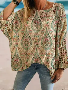 Women's Printed Long Sleeve Knit Top, Hollow Out Batwing Sleeves, Loose-Fitting Vacation Hoodie, Elegant All over Print Sweater, Knitwear
