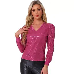 INSPIRE CHIC Women's V Neck Long Sleeve Party Metallic Sparkly Sequin Top Hot Pink Small