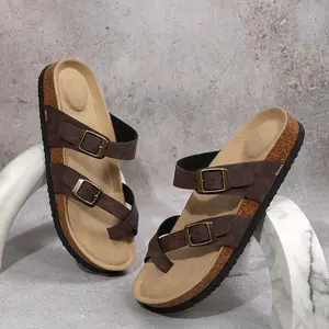 Womens Adjustable Buckle Strappy Slip-On Slippers Cork Footbed Slides For Sandals With Comfortable Soft Padded Sole Outdoor