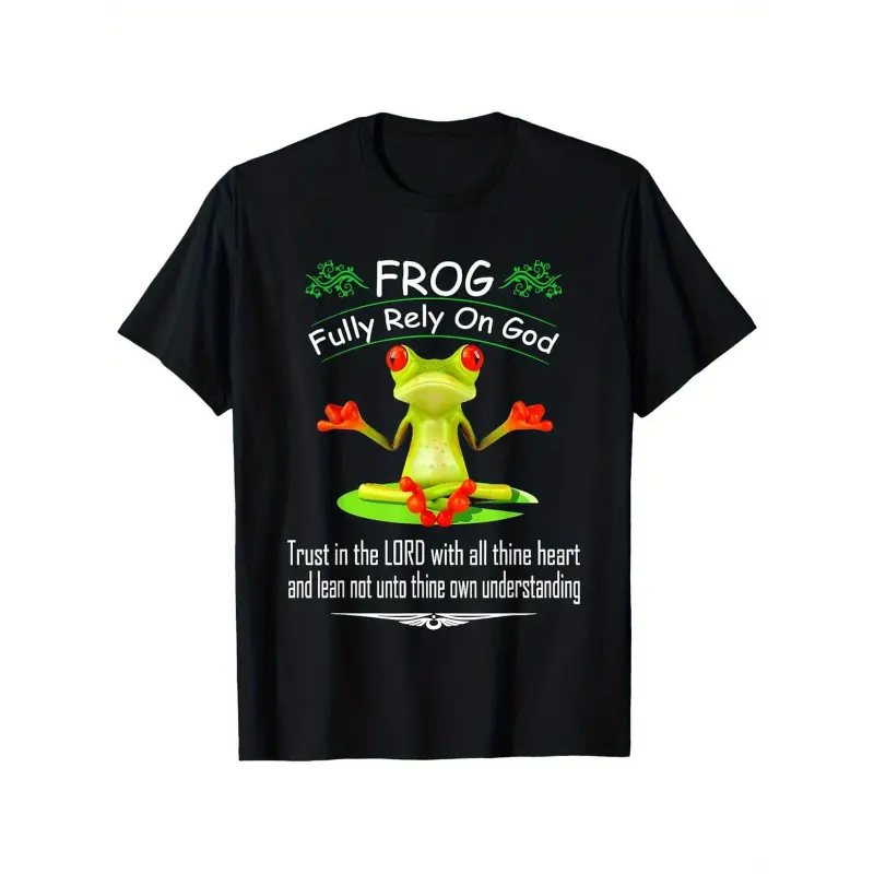 Men'S Vintage Frog Faith-Based T-Shirt - "Frog Fully Rely On God" Religious Graphic Tee, Black with Green Frog Design - All-Season Casual & Volleyball Shirt for Christian Men - Faith Expression Apparel, Frog Shirt