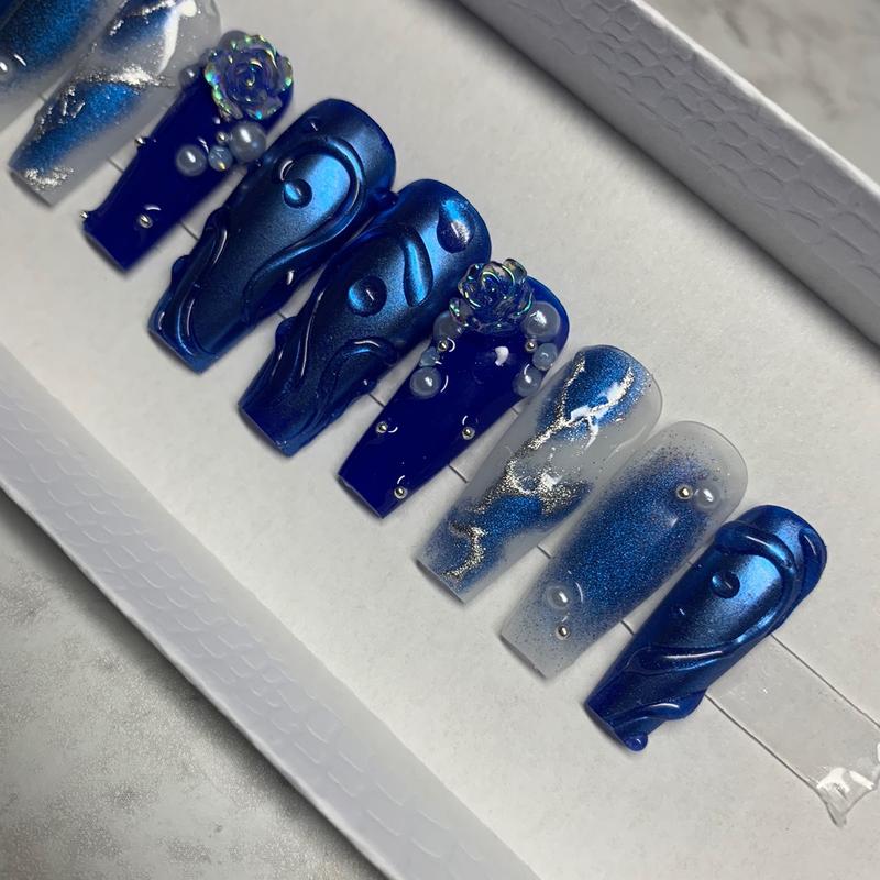 Blue Aura Nails, Chrome Nails, Long Coffin Nails, 3d Nail Art, Press on Nails