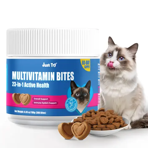 JUST TRY Cat 23 in 1 Multivitamin Bites Chicken Flavor with Taurine & Lysine, Immune, Heart, Vision & Skin Care, Cat Supplements for Indoor & Senior Cat, 300Bites 6.35 OZ.#familyfun