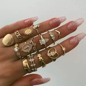 ??15 piece ring set??Retro Beauty Avatar Gold Coin Cross Pattern Love Fatima Palm Ring