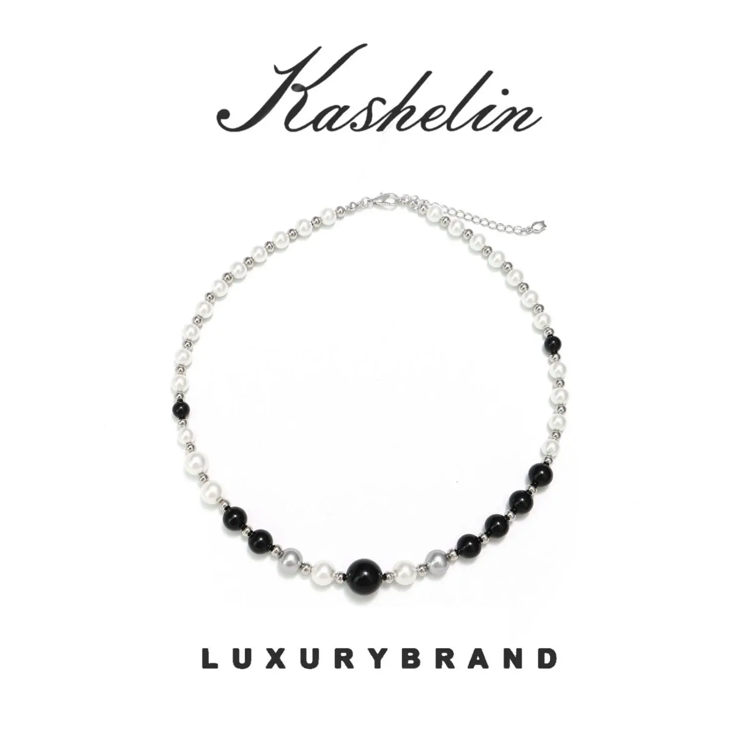Women's Kashelin Obsidian Pearl Choker Necklace, Black & White Glass Pearl Beaded, Hypoallergenic Tarnish-Resistant Minimalist Casual Designer Jewelry, 37cm+6cm Adjustable