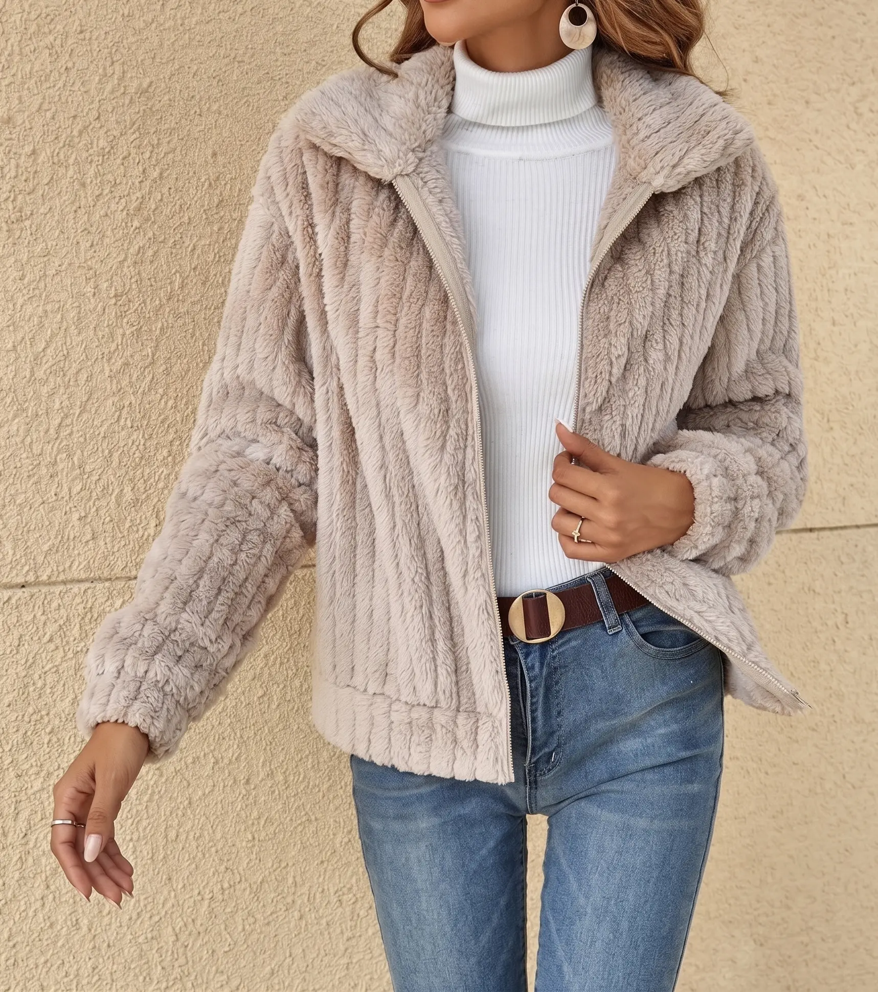Women's Chic Zip-Up Collared Comfortable Jacket - Casual Fall Winter Outerwear, Stylish Everyday Clothes Piece, Style