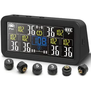 6-Wheel Tire Pressure Monitoring System - TPMS - with 4 Inches LCD Display - 5 Modes Tire Pressure Monitor for RV/Trailer/Truck/, Solar & Type-C Dual Charger TPMS Kit