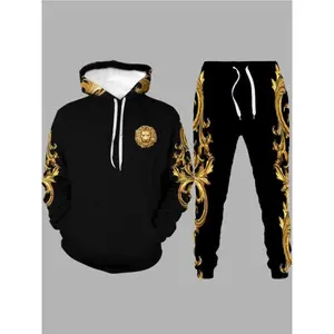 Men's Hooded Lion Printed Black/Gold Sweat Suit