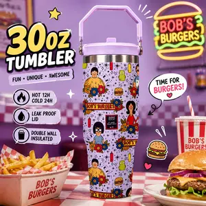 1 PC 30oz Insulated Tumbler With Handle And Lid, Double Wall Stainless Steel Travel Mug, Leak Proof, Keeps Drinks Hot 12H Cold 24H, Cartoon Burger Family Print Cup, Large Capacity Thermal Mug, Vacuum Thermos Bottle, For Iced Coffee, Road Trips, Gifts