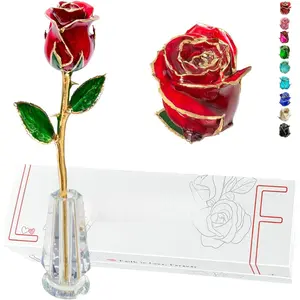 Valentine Gift Real Rose Dipped 24K Gold with Crystal Stand, Best Anniversary Rose Gift for Her Wife Mother Birthday Christmas (A1. Red -Original Rose)