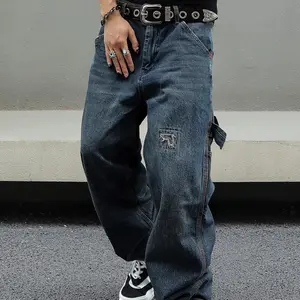 MZNBURAM Men's Non-Stretch Relaxed Fit Wide-Leg Baggy Carpenter Jeans Pants Dark Wash Vintage Pocket Denim Streetwear Menswear Trouser Loose