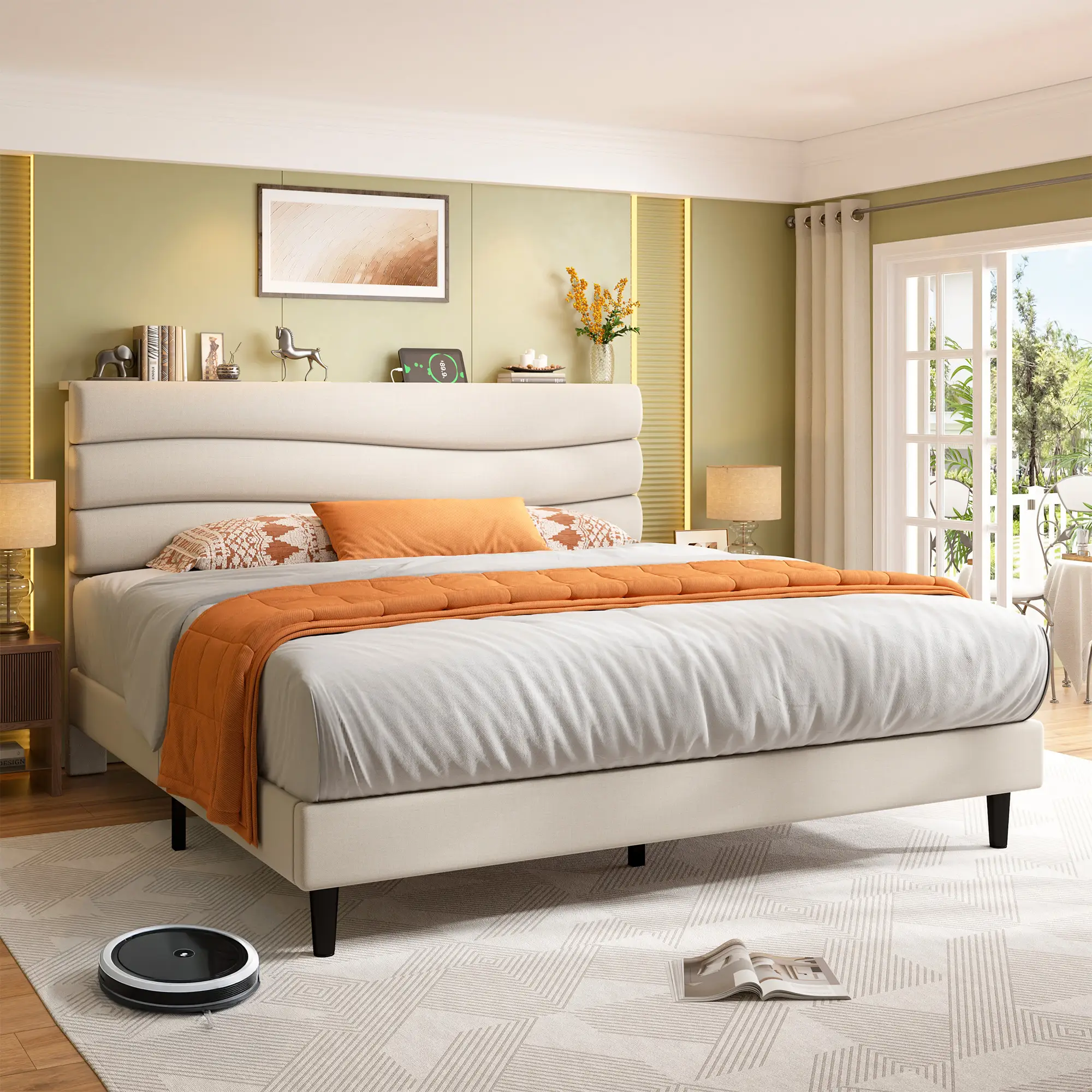 Raybee Furniture Bed Frame Upholstered Headboard Height Adjustable Wavy Line Top Storage Shelf & USB Type-C Charging Noise-Free Qeen Beige,Cream,Gray