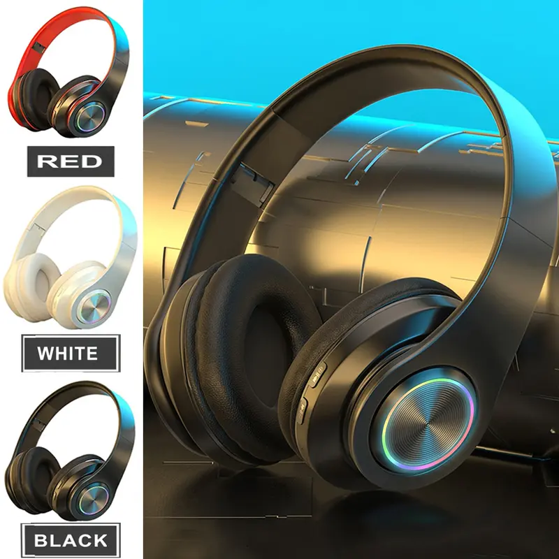 Wireless Bluetooth Headphones,Colorful LED Lights Comfort Over Ear Foldable Headset with Built-in Microphone,FM,SD Card Slot,Wired for School/Tablet Computer/PC/TV/Cellphones/Travel