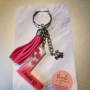 Personalized Keychains with Custom Letter, Pink Tassel, and Silver Keychain