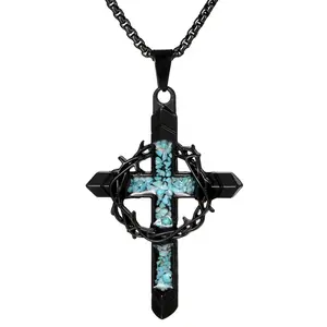 OIDEA Men's 23.4 in Solid Brass Crown of Thorns Cross Pendant Necklace - Statement Religious Necklace, Goth Style, Brass Construction, Gothic Christian Faith Jewelry, Baptism Gift
