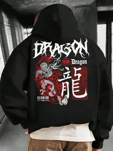 Hoodie Dragon Print, Chinese Dragon & Kanji Design, Streetwear Fashion, Unisex Urban, Casual Spring & Fall Wear