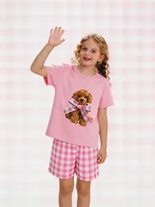 2-piece set of children's foundation make-up bow teddy dog short sleeve top pink plaid shorts pants pattern printed short sleeve shorts soft comfortable round neck design elastic waist head home casual children's pajamas set