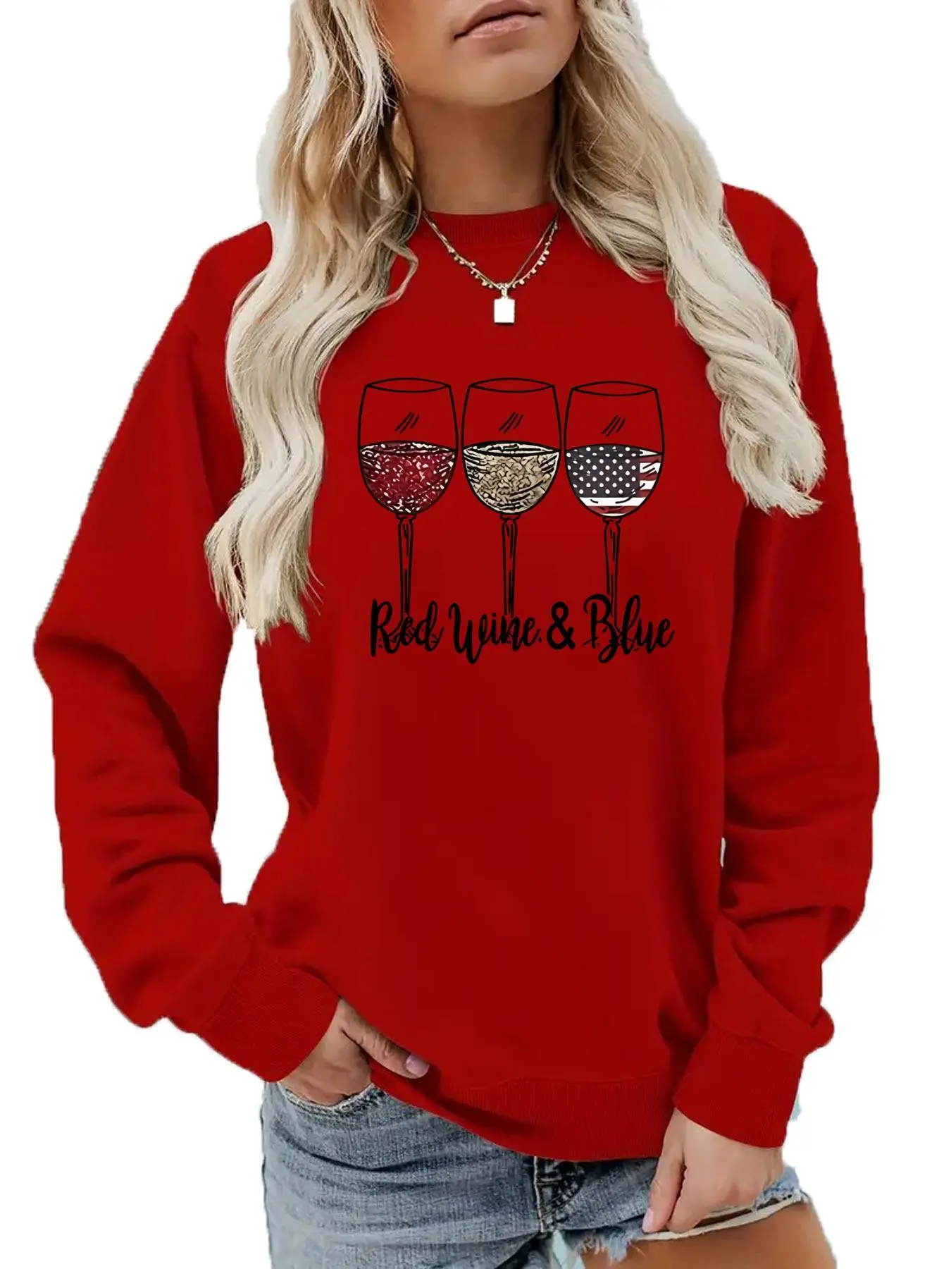 Women's Cartoon Wine Glass Print Round Neck Sweatshirt, Casual Fashion Long Sleeve Pullover for Daily Wear, Ladies Clothes for All Seasons, Hoodie