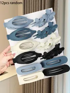 12pcs blue Morandi lady flower duck bill clip, bohemian style clip, durable hair clip, solid color frosted curve design, lady headwear, simple claw clip, suitable for daily hairstyle ladies, Hair Clip Set