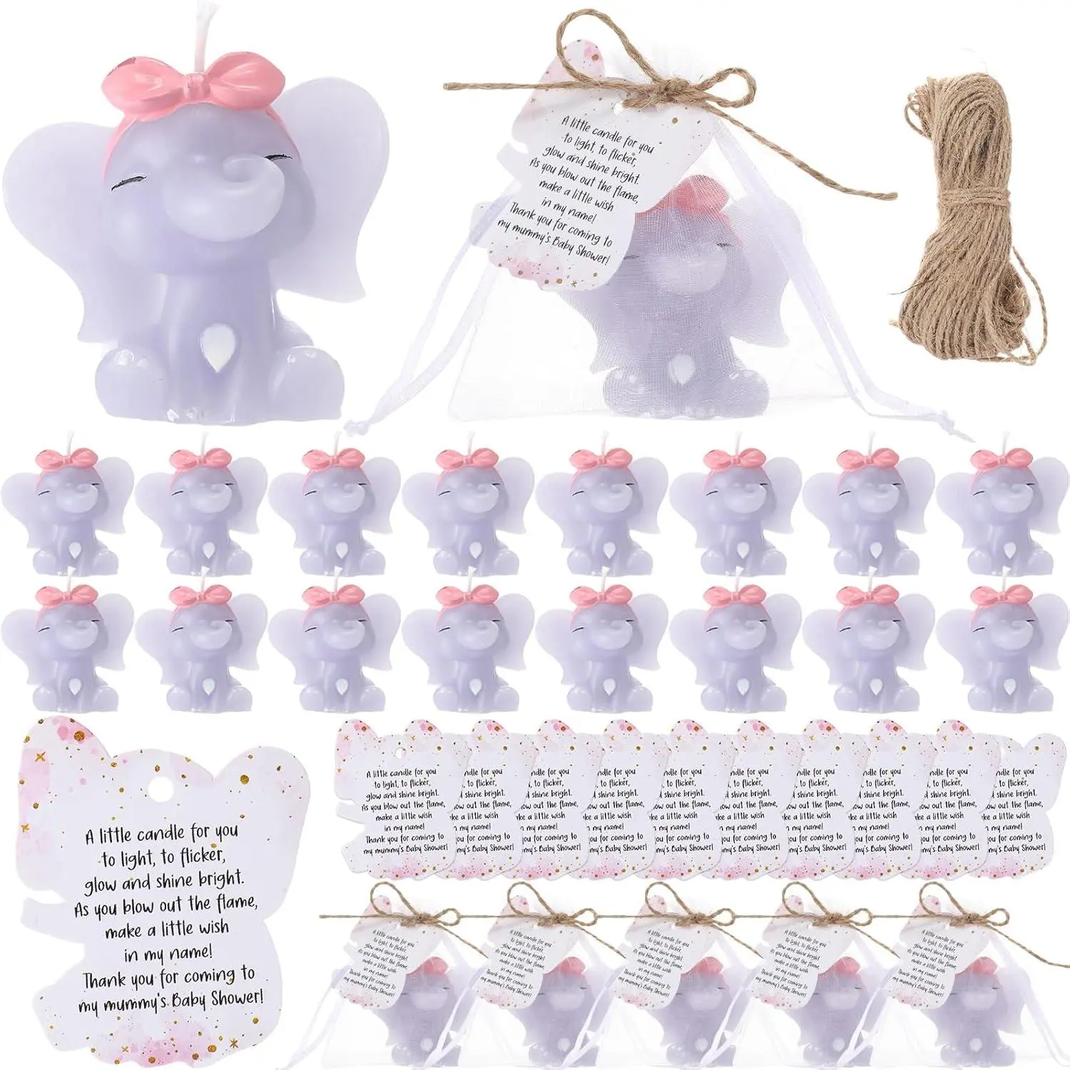 25-Pcs Pink Elephant Wax Candle Party Favors Set with Cardboard Gift Bags, Thank You Cards, Cake Decorations, 3-4H Burn Time, Safe and No Fragrance for Baby Shower, Birthday, Housewarming Gifts for Coworkers, Traditional