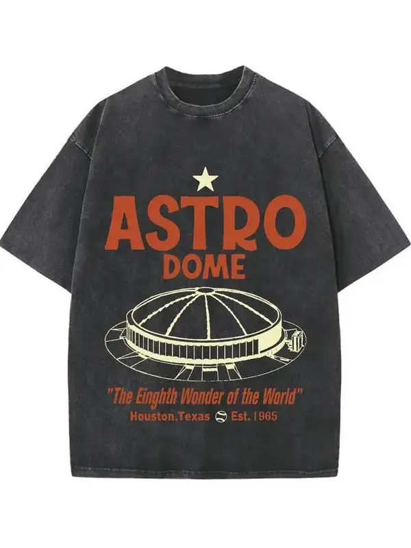 Men's Vintage Houston Astrodome Graphic T-Shirt - 230g Water-Washed Cotton Retro Streetwear Tee with "Eighth Wonder of the World" Print, All-Season Comfort, Machine Washable, Ideal Holiday Gift, Comfortable Clothing |   Classic Round Neck |   Soft T