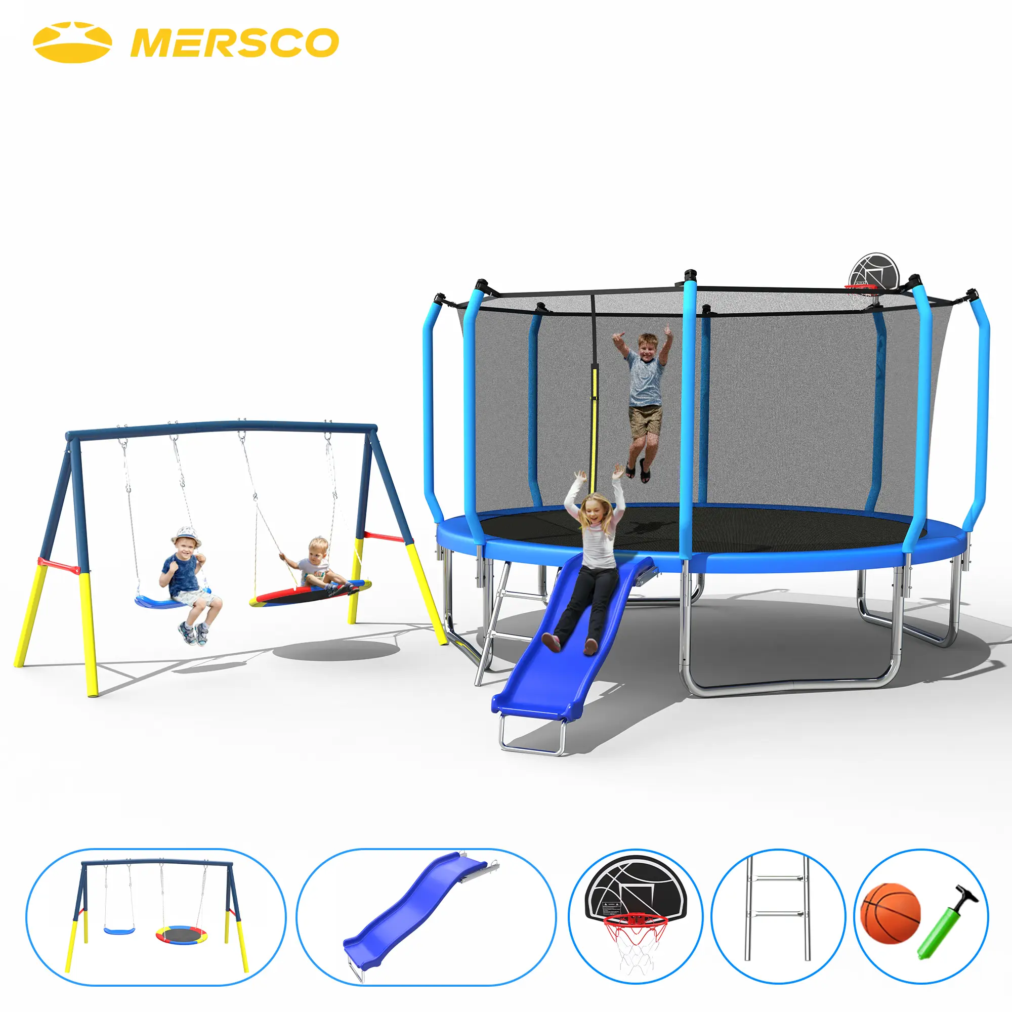 Mersco 12FT Heavy-Duty Outdoor Kids Trampoline Play Set with Safety Net, Slide, Swing Set, Basketball Hoop, Blue, Ideal for Gross Motor Play, 12 Months Gifting, Birthdays & Festivals