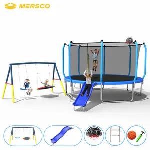 Mersco 12FT Heavy Duty Trampoline with Slide, Enclosure Net and Swing Set, Outdoor Backyard Large Trampoline for Kids, with Basketball Hoop, Perfect Birthday & Festival Gifts, Blue