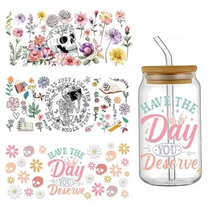 UV DTF Cup Wrap - 3Sheets Skeleton UV DTF Cup Wraps for 16 oz, Halloween Skull Flower Uvdtf Decals, Waterproof Butterfly Personalized Rub on Transfers for Glass, DIY  Water Bottle Crafts