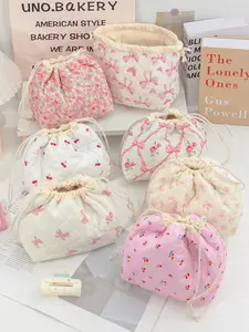 Cute Butterfly Knot Drawstring Makeup Bag, Large Capacity Lipstick Organizer, Portable Travel Cosmetic Pouch, Flower Pattern