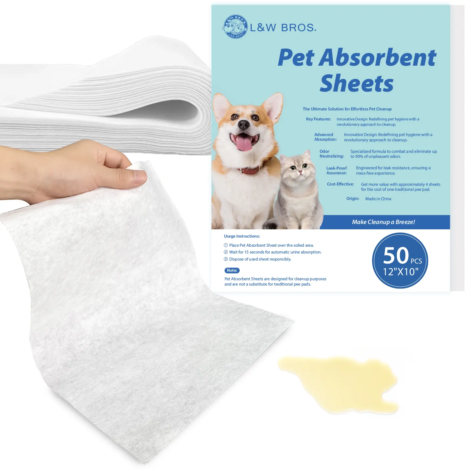 L&W BROS. Pet Absorbent Sheets, Emergency Dog Urine Cleanup Sheets for Hardwood Floors, Fast Liquid Lock & Odor Control