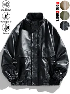 New Unisex Fashionable Oversized Windproof Warm Basic Waterproof Durable PU Leather Motorcycle Jacket Coats, Versatile Multi-Pocket Stylish Couple's Outfit, Perfect for Daily Commuting, Outdoor Adventures, Hiking, and Fishing.