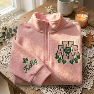 Alpha Kappa Alpha Embroidered Quater Zip, Vintage AKA 1908 Pink and Green Ivy Leaf Crewneck, Greek Life Apparel, Gift For Her