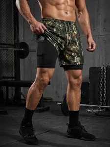 Leaf Camo Digital Print 2-in-1 Gym Shorts for Men, Gym Workout Running Training Performance Shorts with Phone Pocket Towel Loop Zipper Pocket, Comfortable Breathable Sweat Absorption, Drawstring Waistband