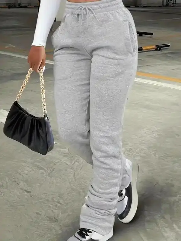 Women's Regular Fit Plain Pocket Drawstring Waist Stackable Sweatpants, Casual Stack Pants for Daily Wear, Ladies' Sporty Bottoms for All Seasons