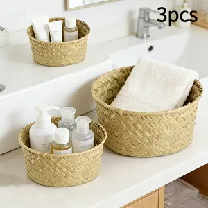 A Trio of Petite Round Woven Baskets Designed for Grocery Storage, Perfect for Tidying Up Kitchen Counters And Pantry Spaces in a Farmhouse Style. These Stackable Baskets Add a Rustic Touch And Are Great for Home Organization, Weddings
