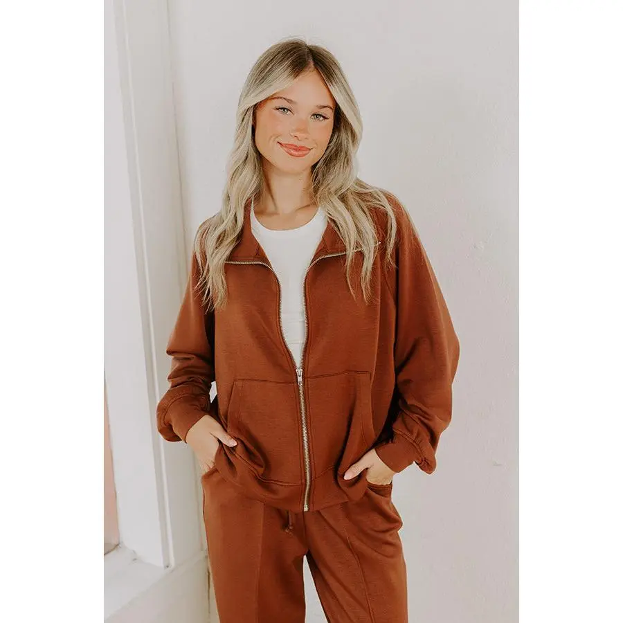 Morning Dew Scuba Zip-Up Sweater in Chocolate
