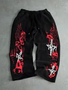 Men's Casual Sports Long Pants, Skull Pattern Print Sweatpants, Drawstring Wide Leg Leisure Pants, All Season Men's Clothing, Printed Sweatpants