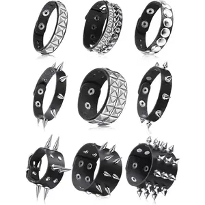 Set of 9 Spiked Studded Black PU Leather Bracelets- Punk Style Metal Wristbands for Men Women, Adjustable Snap Buttons, Durable & Stylish for Casual Attire, Halloween Accessory