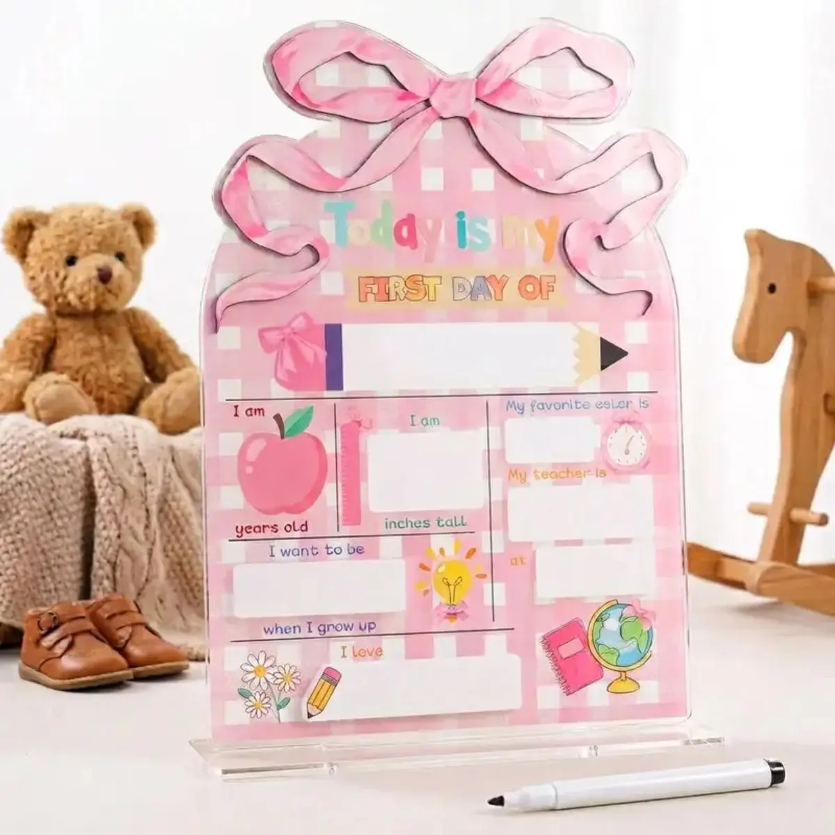 First Day of School Sign Reusable Chalkboard 8" - Back to School Photo Prop Board with Markers, Pink Bow Pencil Notebook Flower Apple Boho Designs, Cute Dry Erase Wooden for Pre-K Kindergarten 1st Grade Teachers Parents Gifts Class of 2026