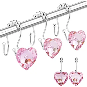 Shower Curtain Hooks Rings for Bathroom, 12 count Valentines Day Heart Stainless Steel Rust Resistant Decorative Rhinestones Double Shower Hooks Hangers for Shower Curtains, Clothing, etc.