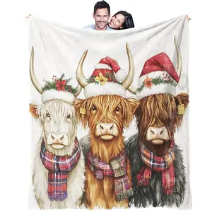 Cute three headed highland cow blanket as a gift for friends or family, suitable for sofas, beds, car home camping, animal blankets, couples all year round, a single-sided printed blanket