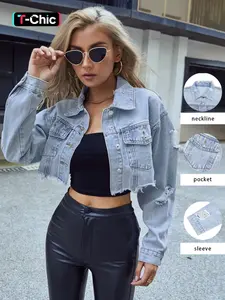 Women's Fashionable Denim Jacket Light Wash, Casual Long Sleeve Outerwear for Daily Wear, Ladies Clothes for All Seasons, Coats Womenswear